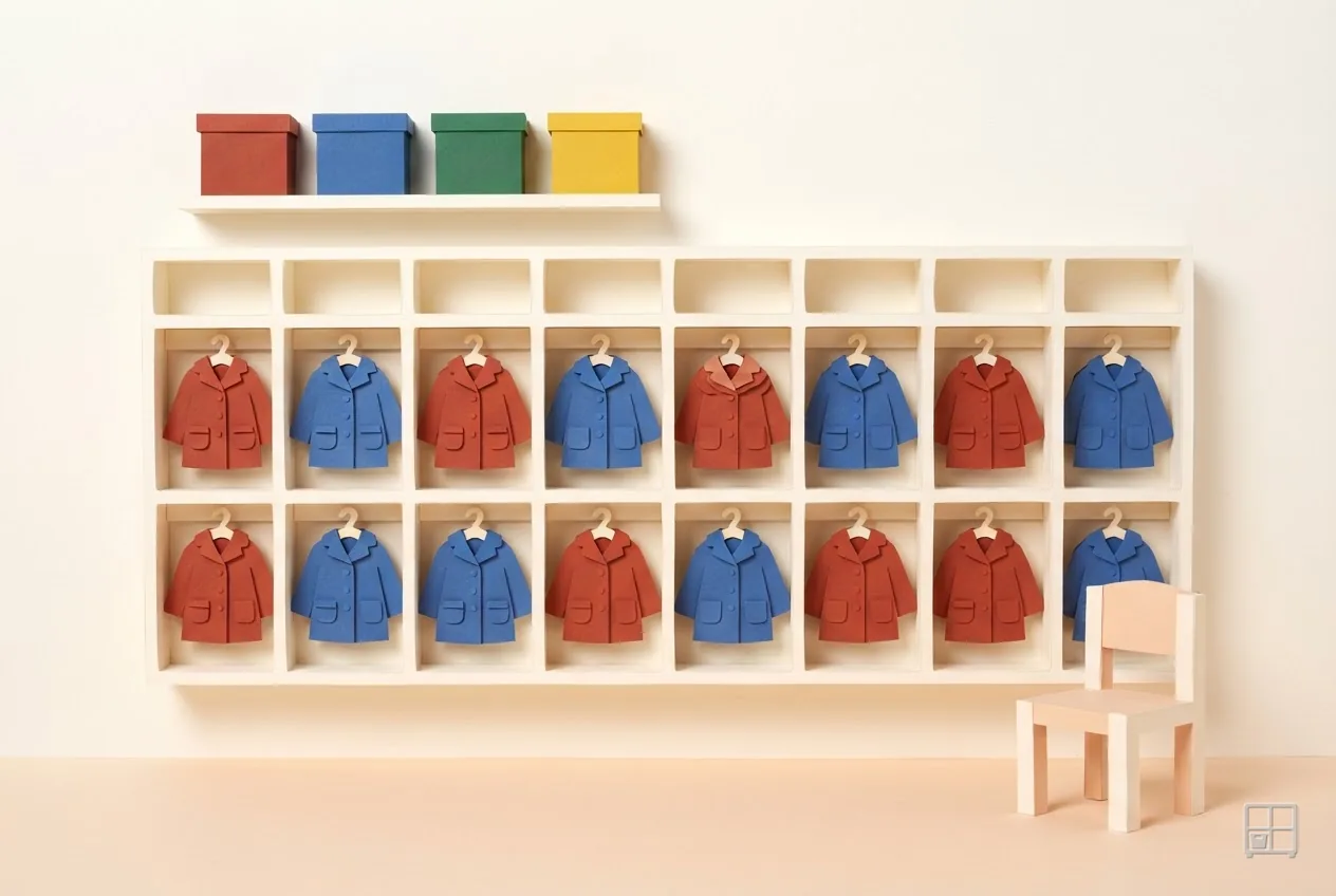 Cut-paper collage of a cubby wall with a red or blue coat hung in every bay and a small chair below