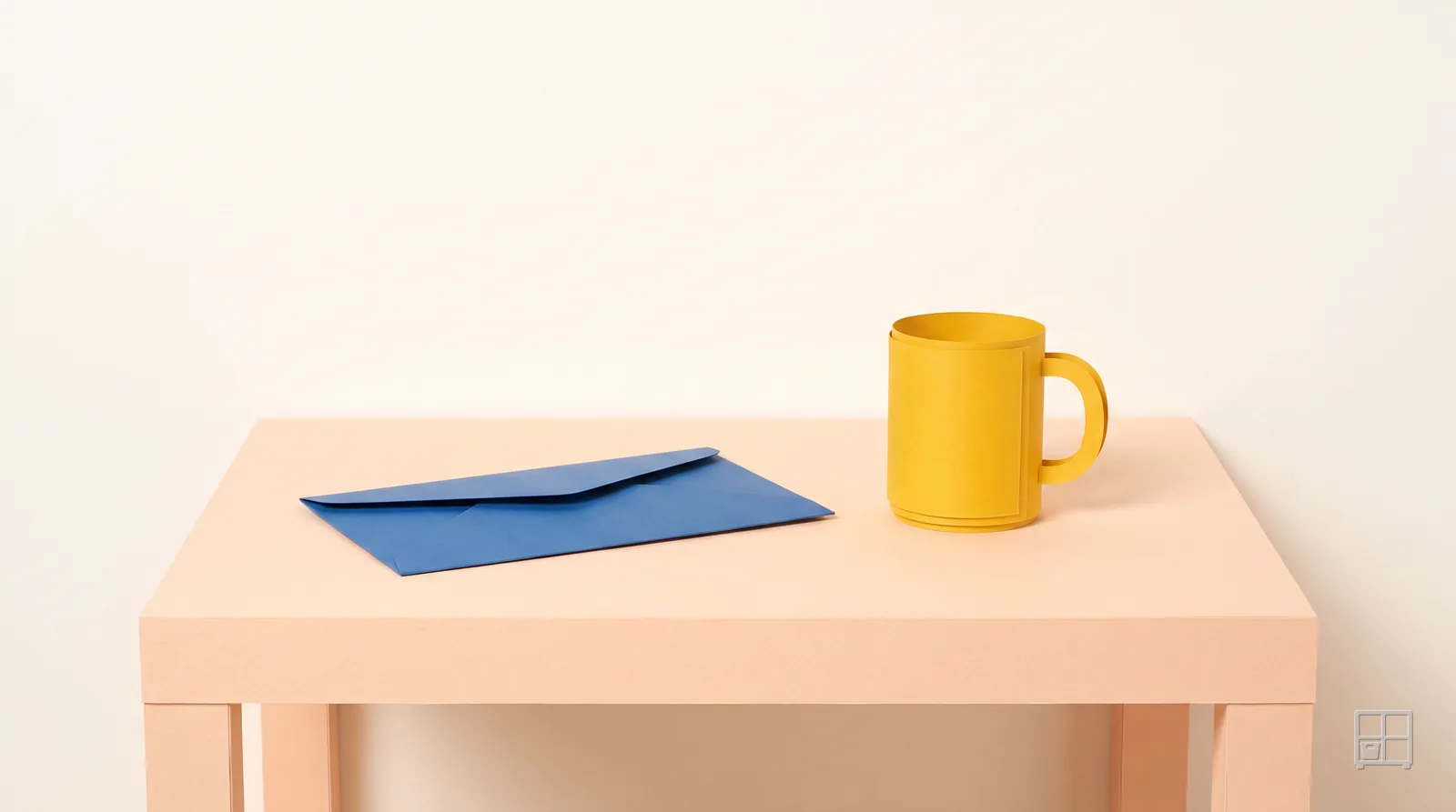 Cut-paper collage of a blue envelope and a yellow mug on an otherwise bare table