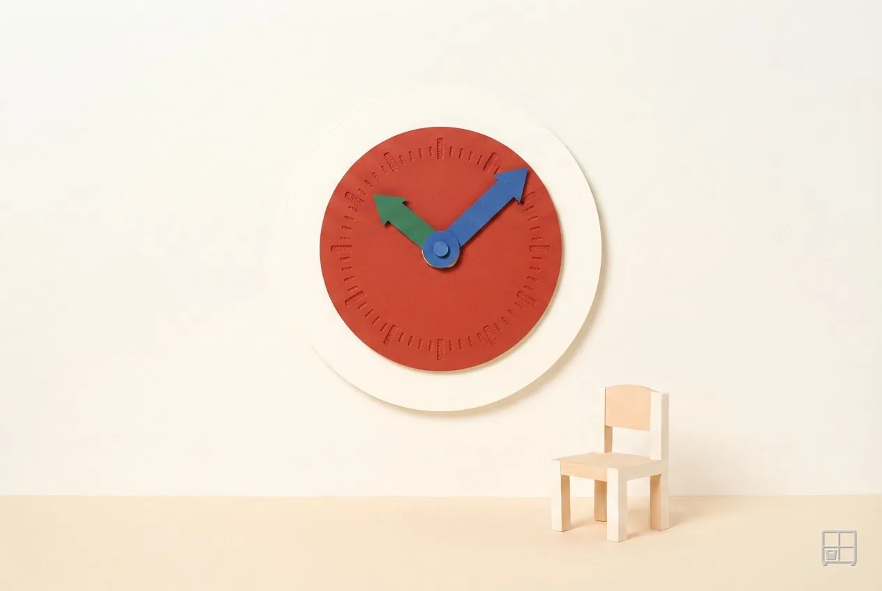 Cut-paper collage of a large red wall clock with green and blue hands above a small empty chair