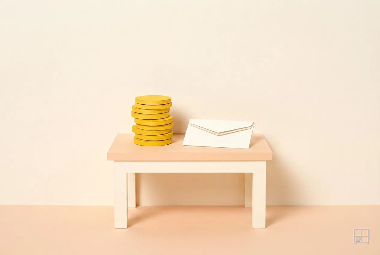 Cut-paper collage of a stack of yellow coins and a sealed envelope on a small table