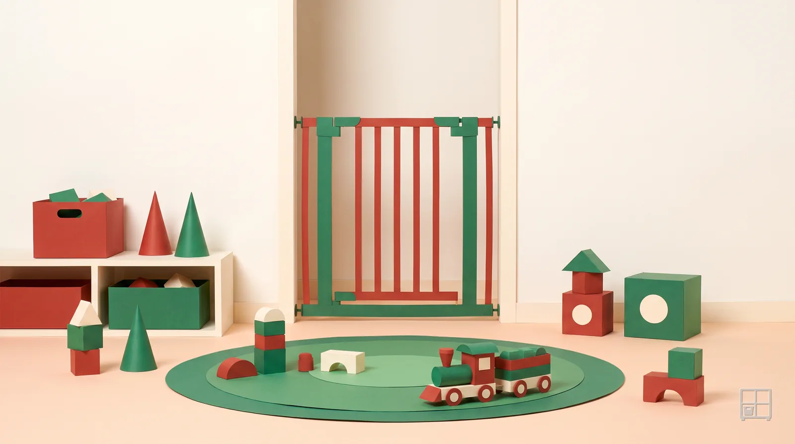Cut-paper collage of a living room with a safety gate across the doorway, blocks, a green rug and a toy train