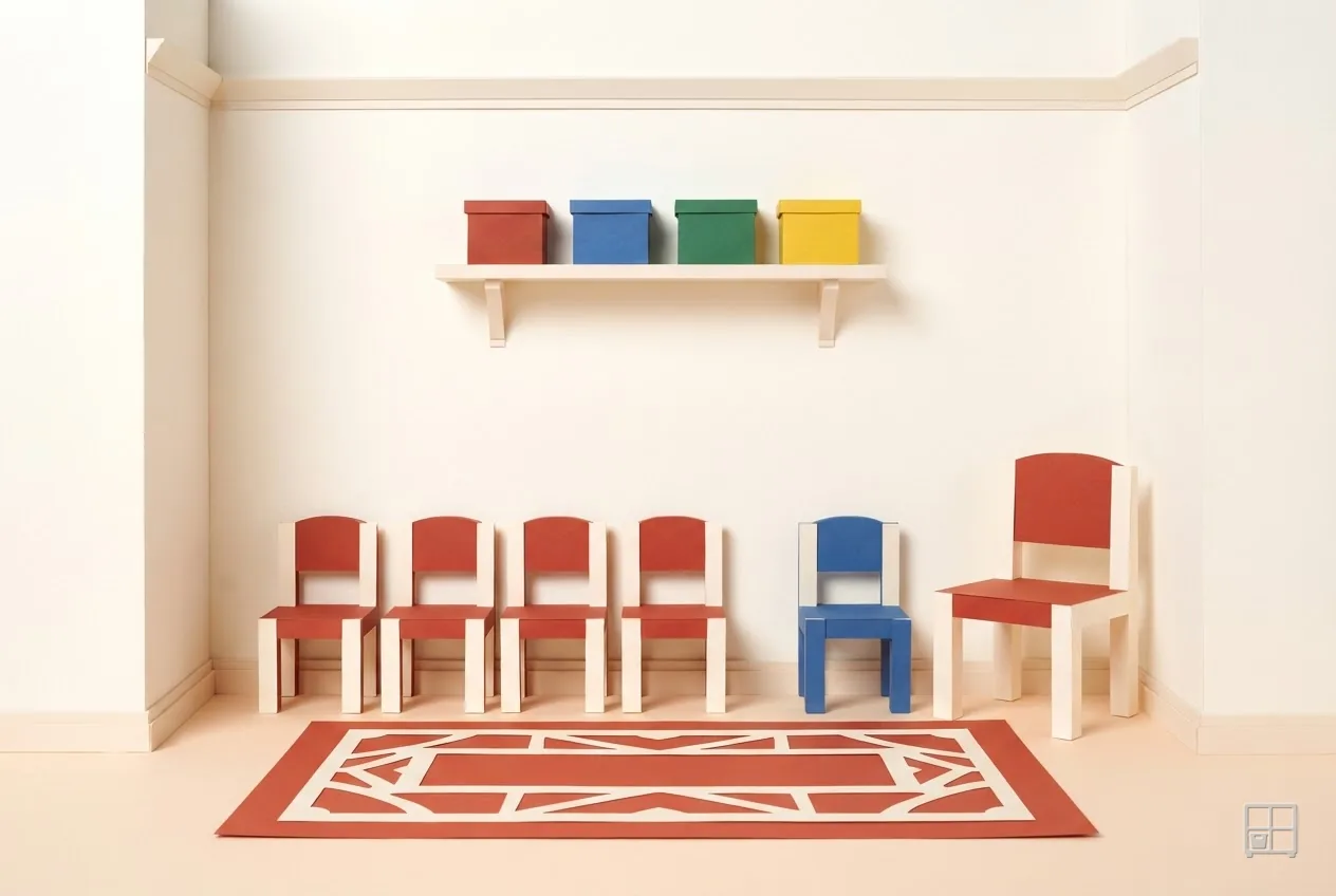 Cut-paper collage of a row of small red chairs and one blue chair on a patterned red rug under a shelf of colour boxes