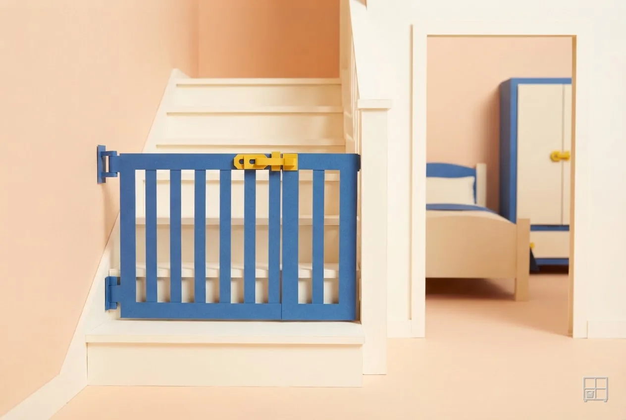 Cut-paper collage of a blue safety gate closed across the foot of a staircase, a bedroom visible beyond