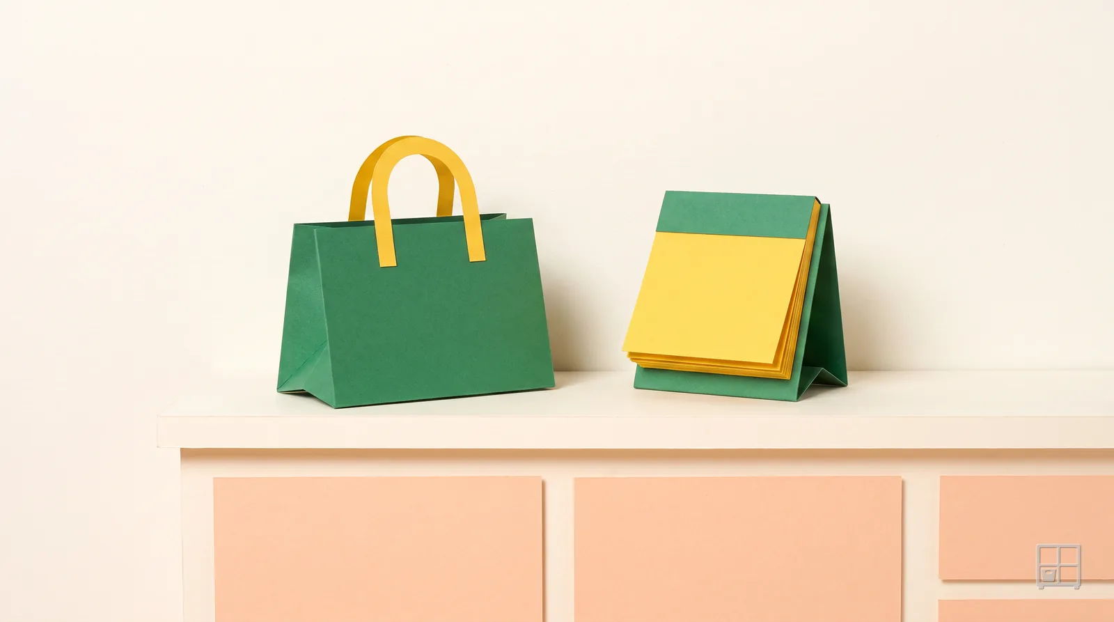 Cut-paper collage of a green bag and a folded yellow-and-green card standing on a counter