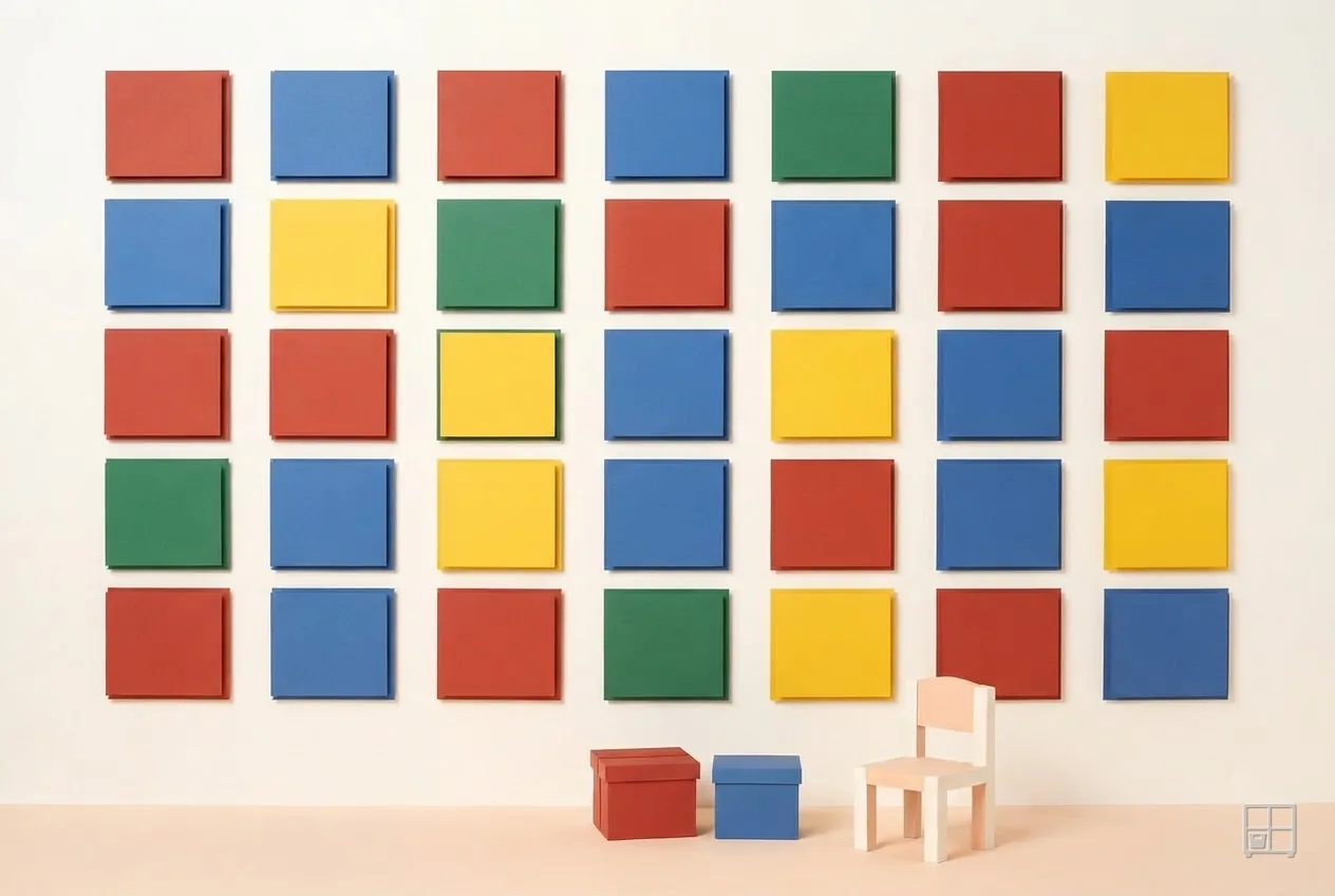 Cut-paper collage of a wall of thirty-five red, blue, green and yellow squares above two small boxes and a chair