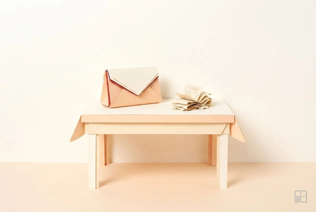 Cut-paper collage of an envelope and a fan of small paper slips on a bare table