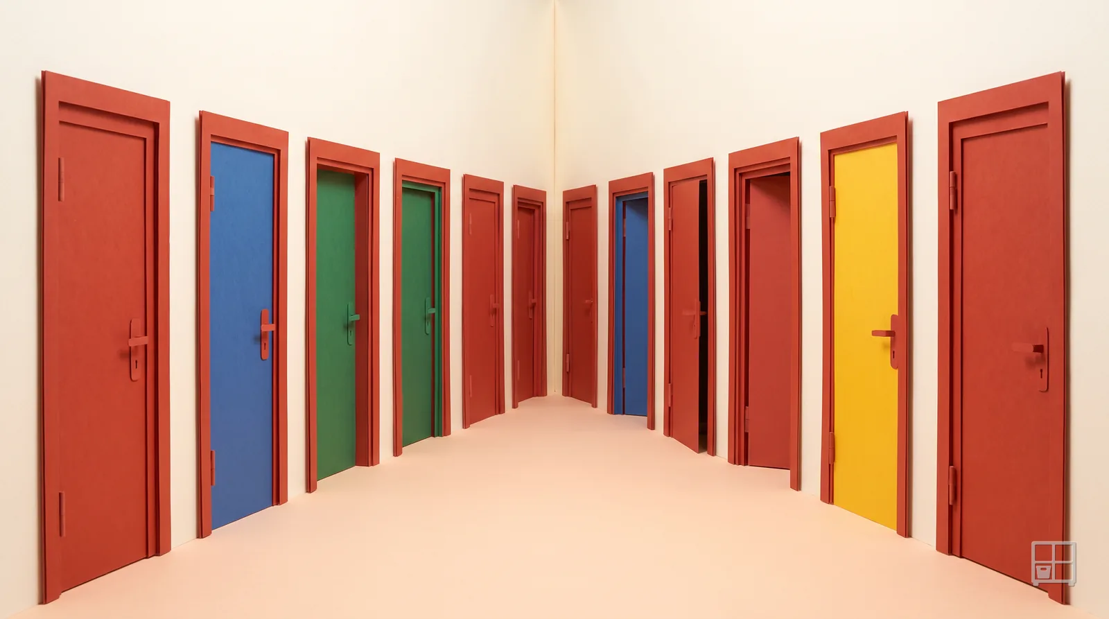 Cut-paper collage of a corridor lined with red, blue, green and yellow doors receding to a corner