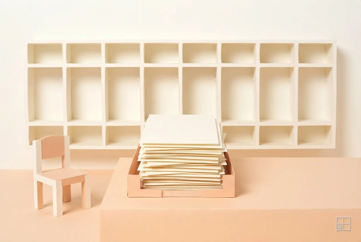 Cut-paper collage of a deep tray of stacked paper sheets on a counter below an empty cubby wall