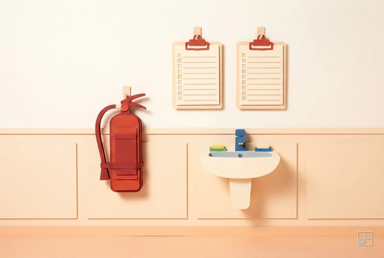 Cut-paper collage of a fire extinguisher and a hand basin below two ruled wall clipboards