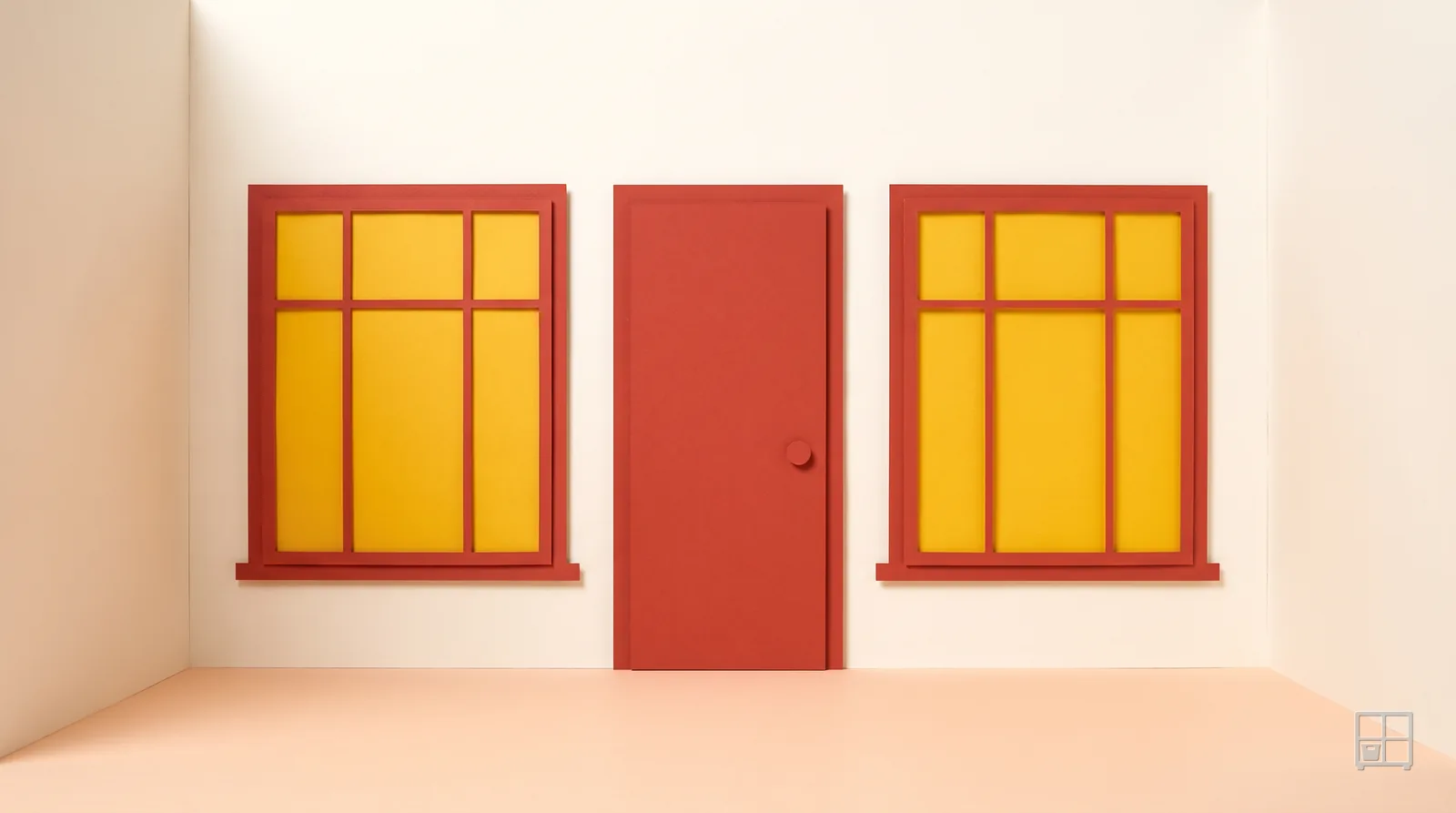 Cut-paper collage of an empty room with a red door set between two yellow windows