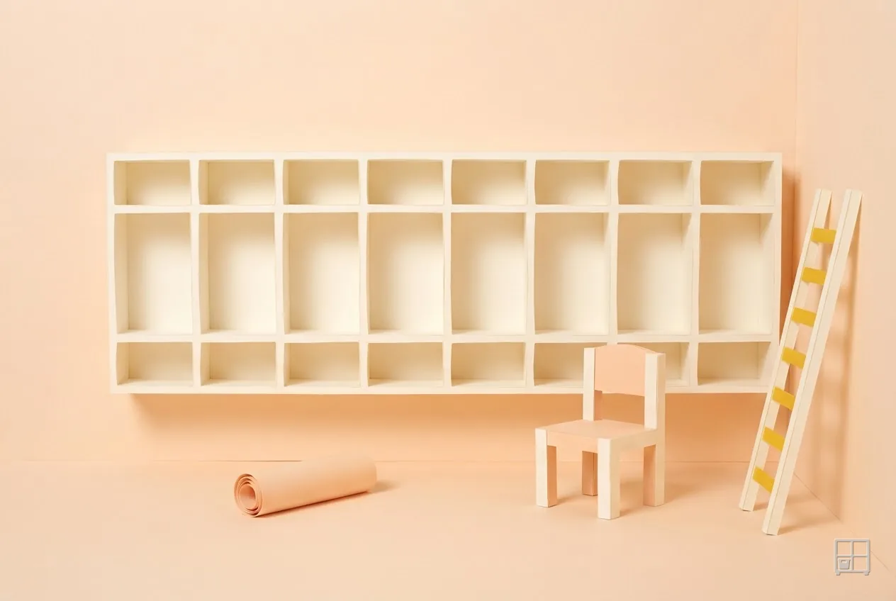 Cut-paper collage of an empty cubby wall with a stepladder leaning against it and a roll of paper on the floor