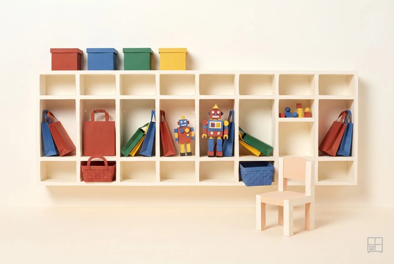 Cut-paper collage of a cubby wall filled with bags, toys and a robot figure, a small chair in front