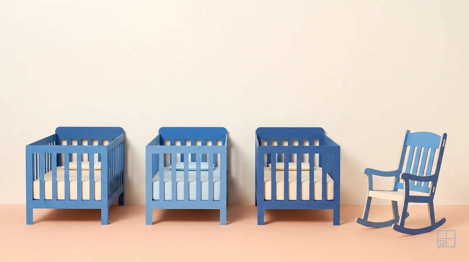 Cut-paper collage of three blue cots side by side with a blue rocking chair at the end of the row