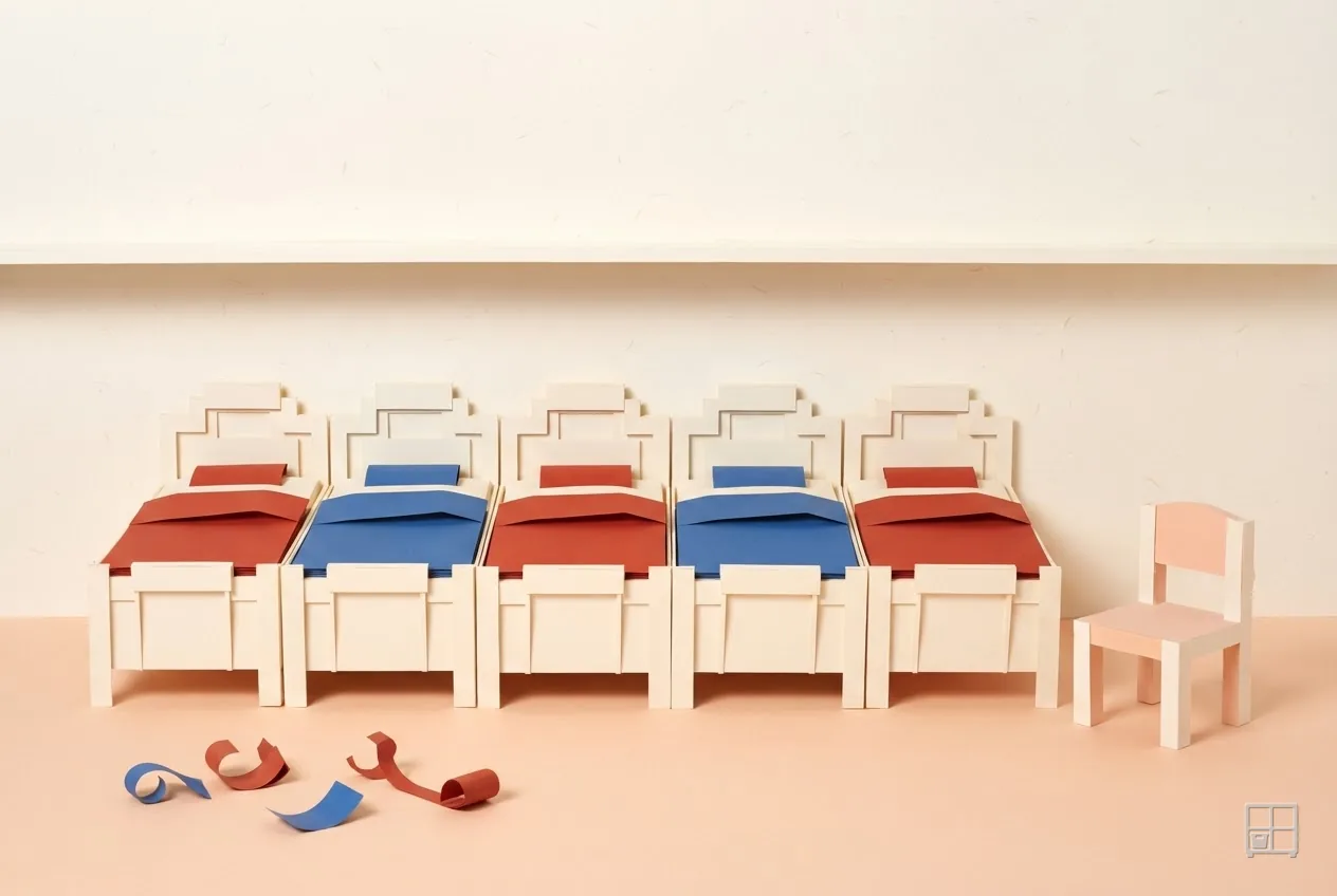 Cut-paper collage of five cots in a row with red and blue bedding, a small chair beside them and ribbons on the floor