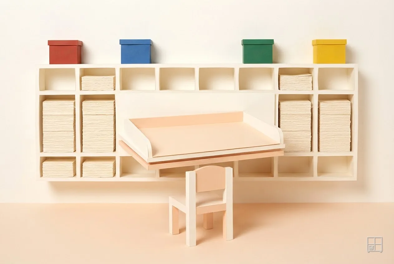 Cut-paper collage of a changing table folded down from a wall of pigeonholes stacked with linens
