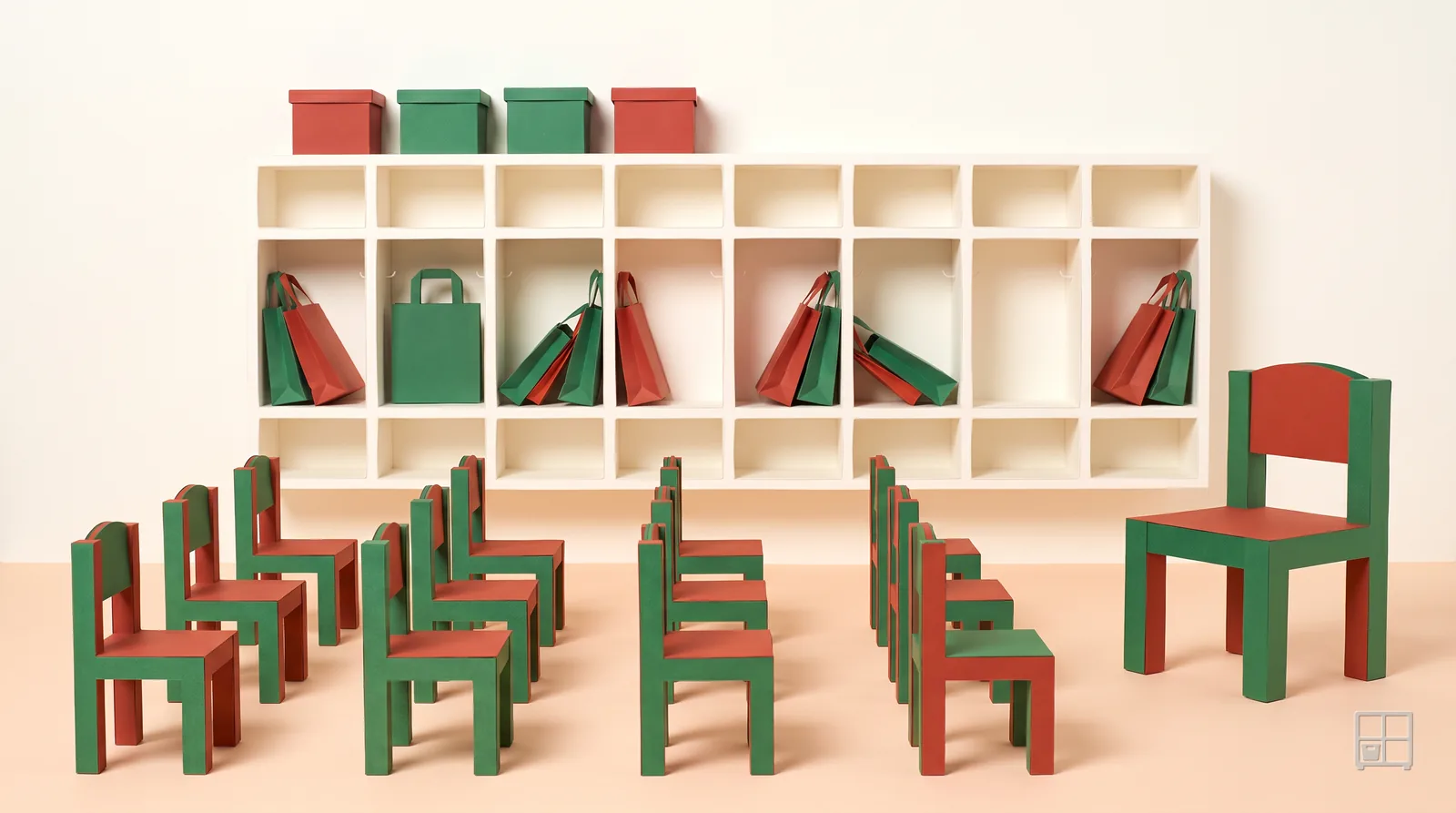 Cut-paper collage of rows of small red and green chairs facing a cubby wall, with one full-size chair standing beside them