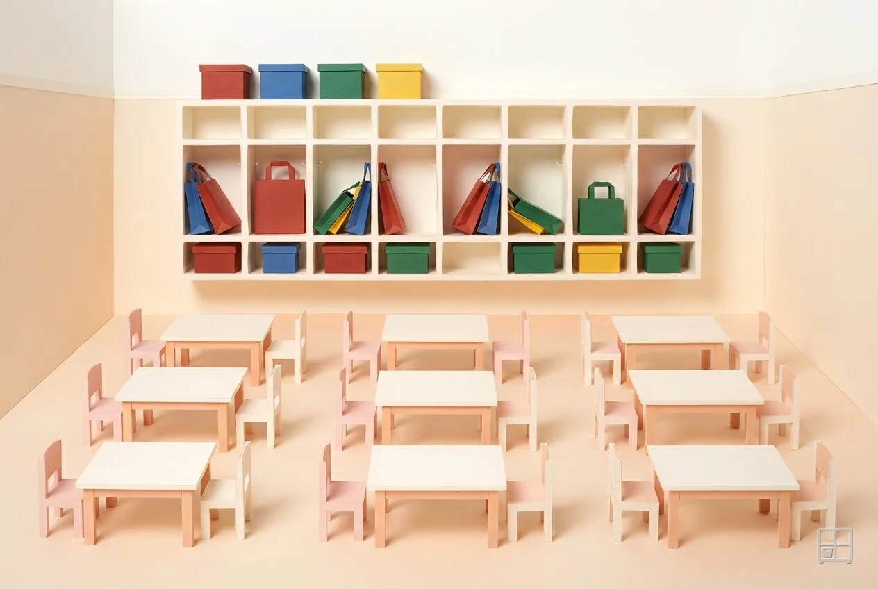 Cut-paper collage of a room of tables and chairs under a long cubby wall packed with bags and boxes