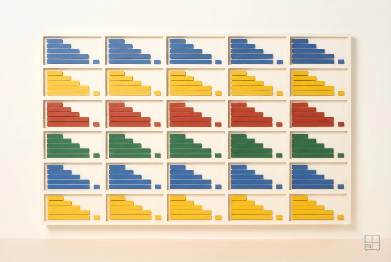 Cut-paper collage of a board of thirty small bar charts, every bar shorter than the one above it