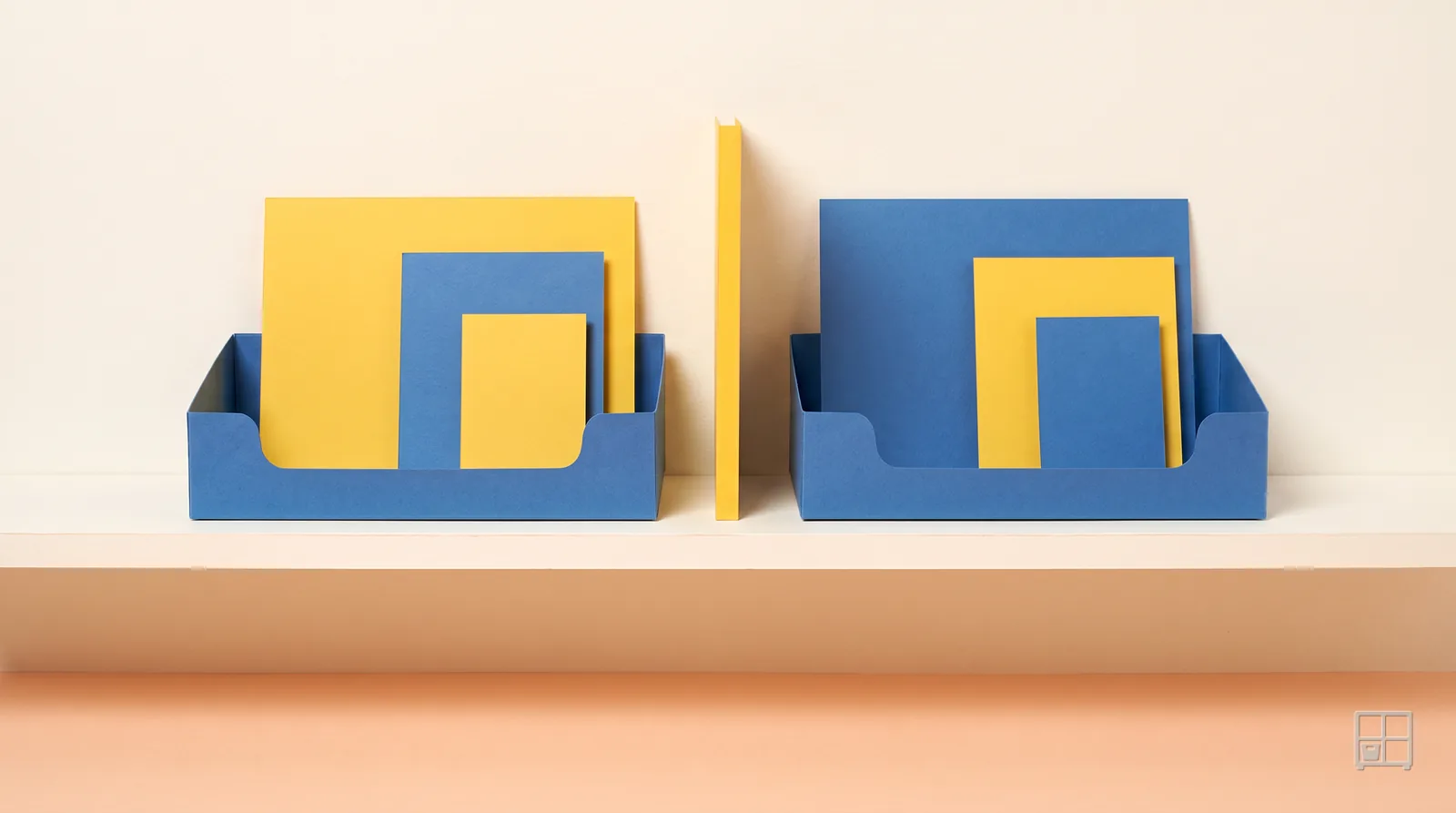 Cut-paper collage of two blue letter trays either side of a yellow divider, each holding nested yellow and blue cards