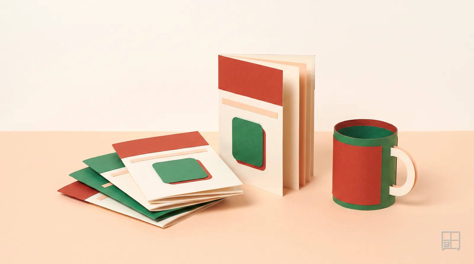 Cut-paper collage of a fan of red and green cards, a standing book and a red mug on a counter