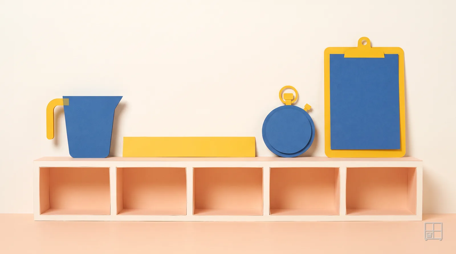 Cut-paper collage of a measuring jug, a stopwatch and a blue clipboard standing on a five-bay cubby shelf