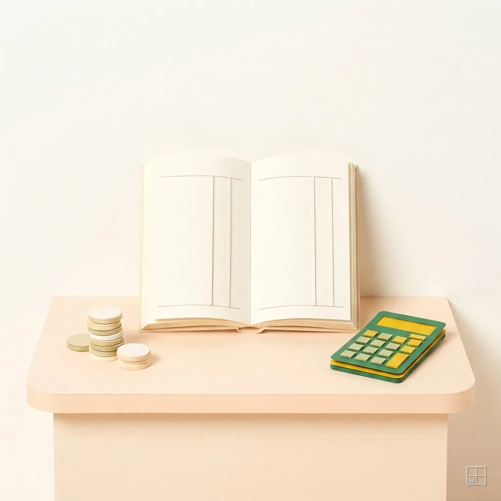 Cut-paper collage of an open blank book on a small table with a scatter of coins and a green calculator