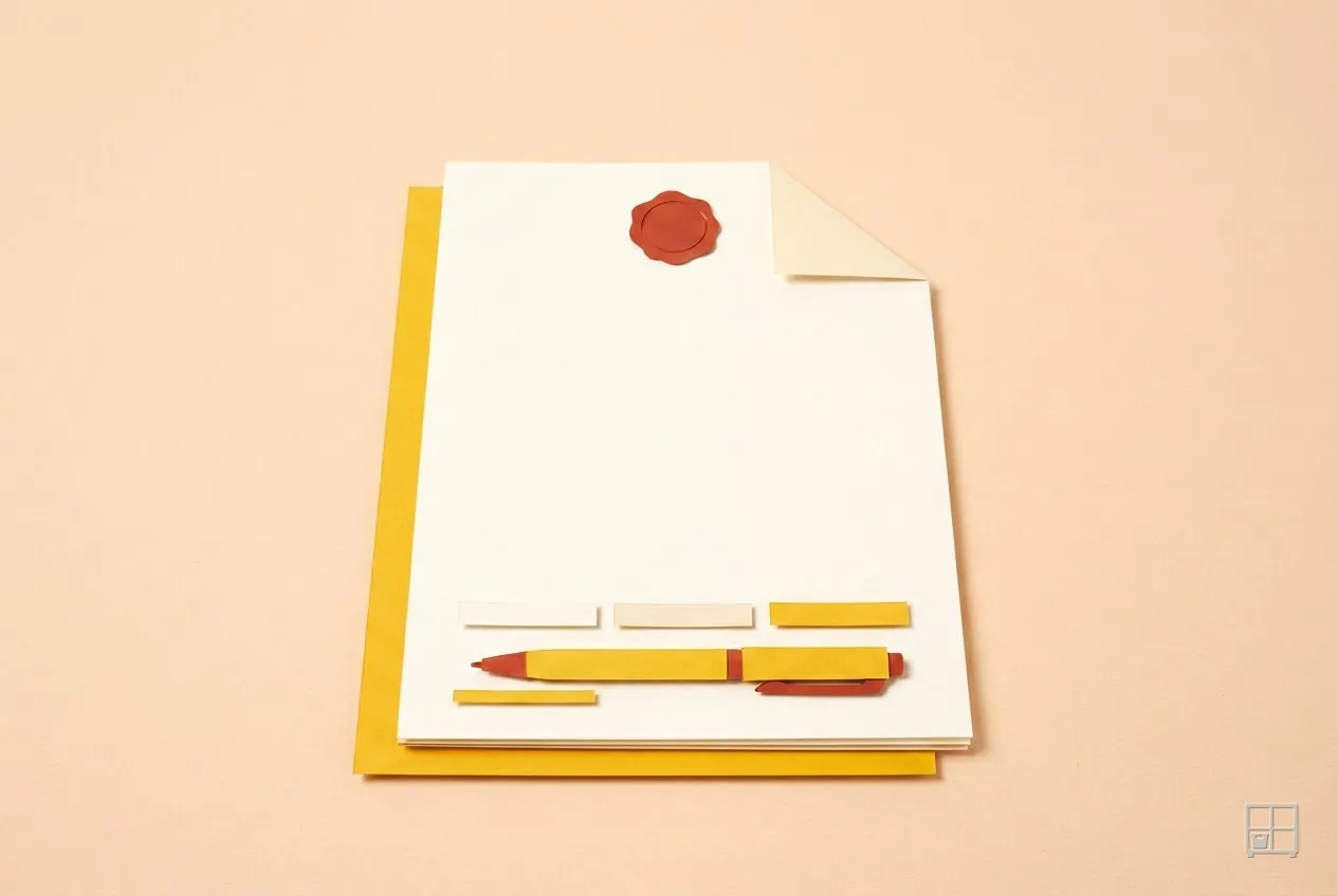 Cut-paper collage of a cream sheet with a red wax seal and a folded corner lying on a yellow folder, a pencil alongside