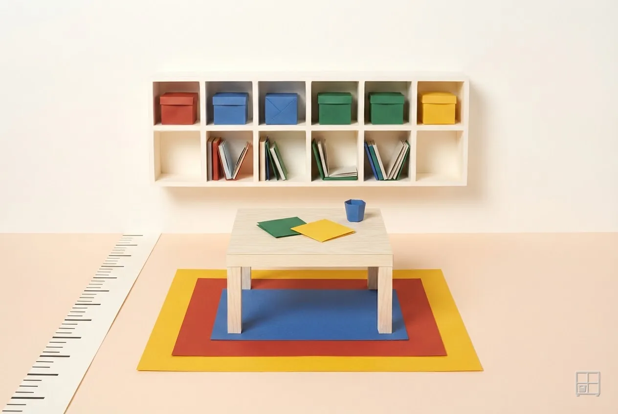 Cut-paper collage of a room with a shelf of books and boxes, a low table on layered red, yellow and blue mats, and a ruler laid along the floor
