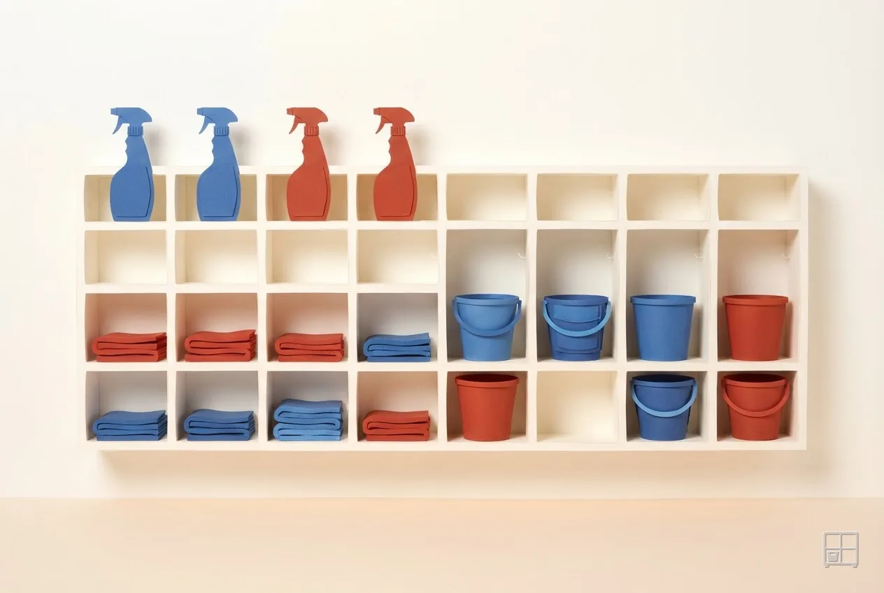 Cut-paper collage of a cubby wall holding folded cloths and red and blue buckets, with four spray bottles lined up on top