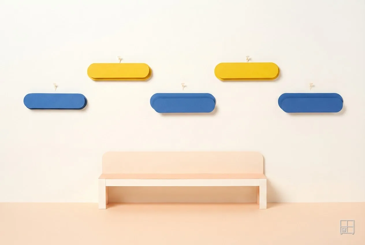 Cut-paper collage of blue and yellow rounded strips pinned in a stepped run across a wall above a bench