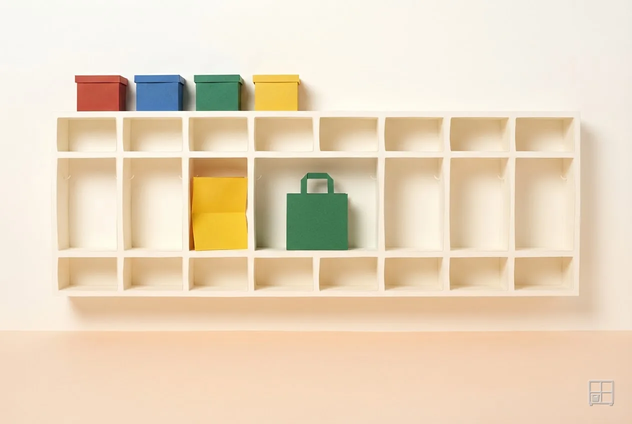 Cut-paper collage of a long, mostly empty cubby wall holding one yellow folder and one green bag, colour boxes on the shelf above