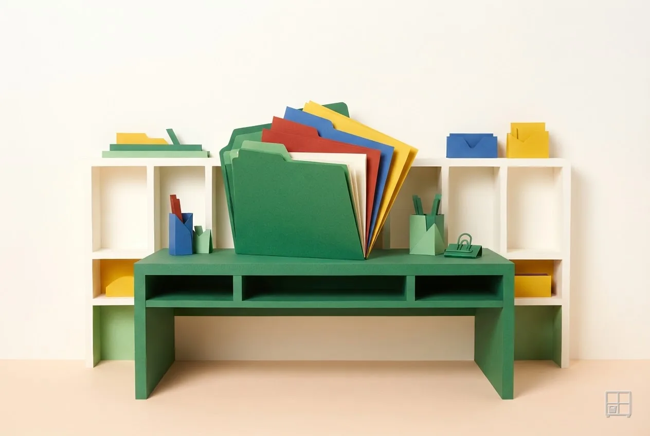Cut-paper collage of a green desk with a fan of red, blue and yellow folders standing in its rack