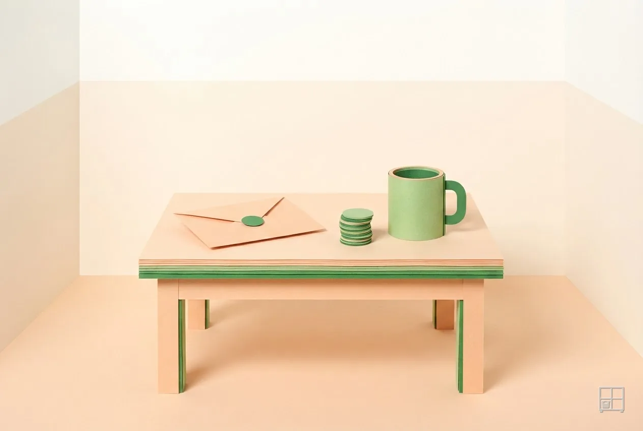 Cut-paper collage of a green-legged table holding an envelope, a stack of coins and a green mug