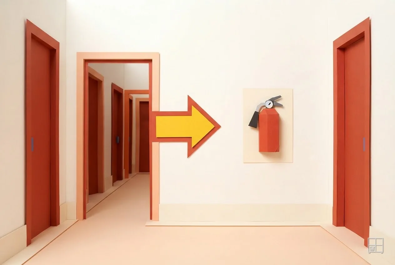 Cut-paper collage of a corridor of red doors with a yellow arrow pointing to a wall-mounted fire extinguisher