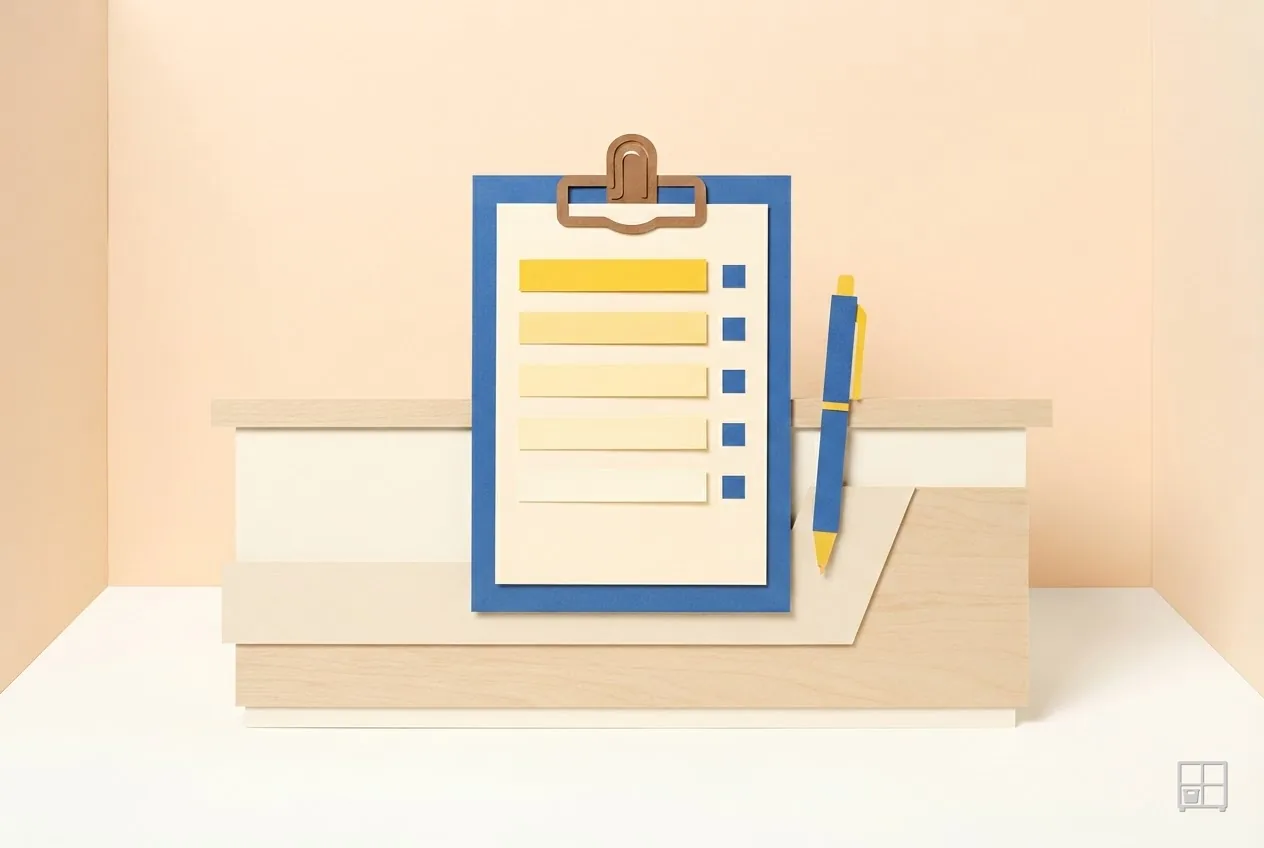 Cut-paper collage of a blue clipboard holding a form of yellow ruled strips and tick boxes, a pen resting beside it