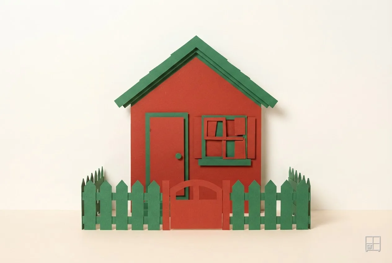 Cut-paper collage of a small red house with a green roof standing behind a green picket fence