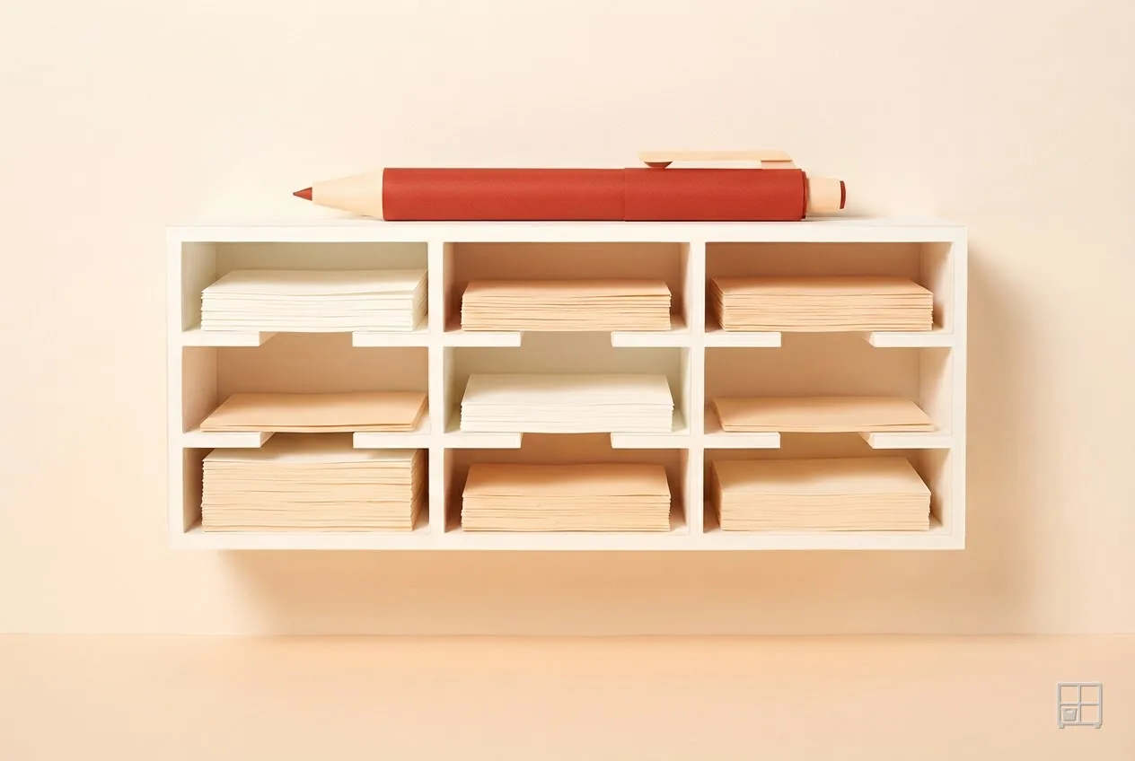 Cut-paper collage of a pigeonhole rack holding six stacks of blank sheets, a red pencil lying across the top