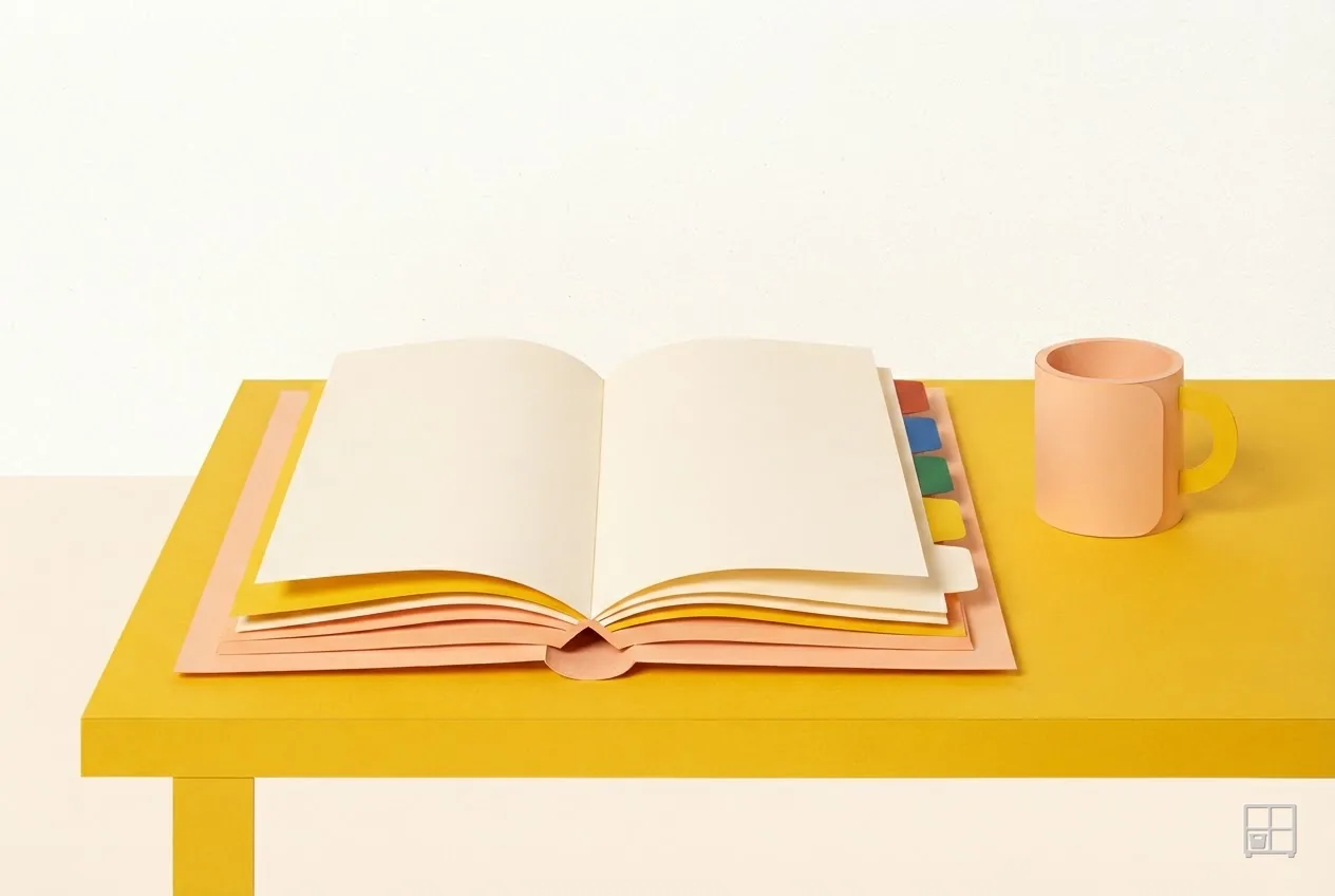 Cut-paper collage of an open blank book with coloured section tabs on a yellow table beside a mug