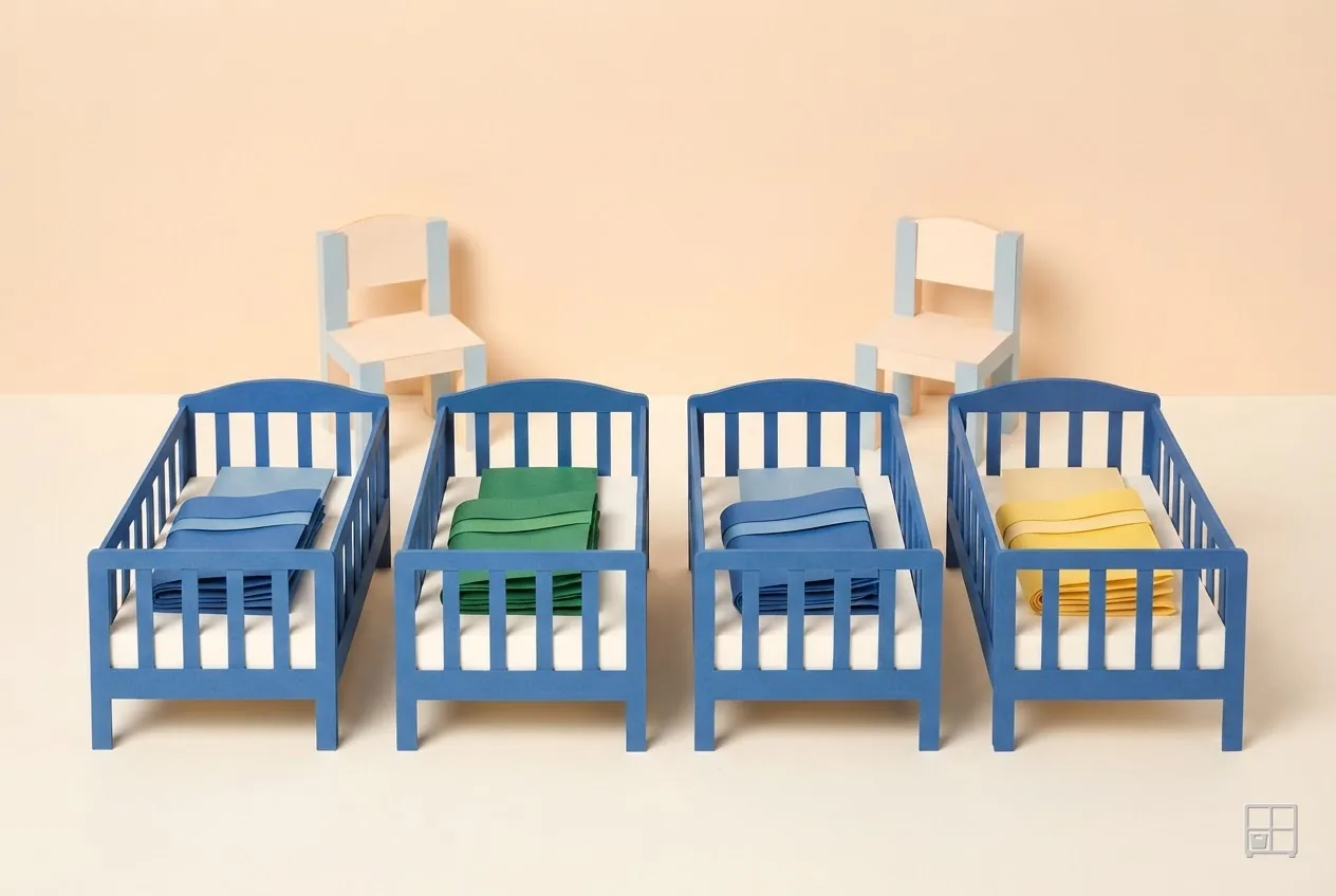 Cut-paper collage of four blue cots in a row with two small white chairs behind them