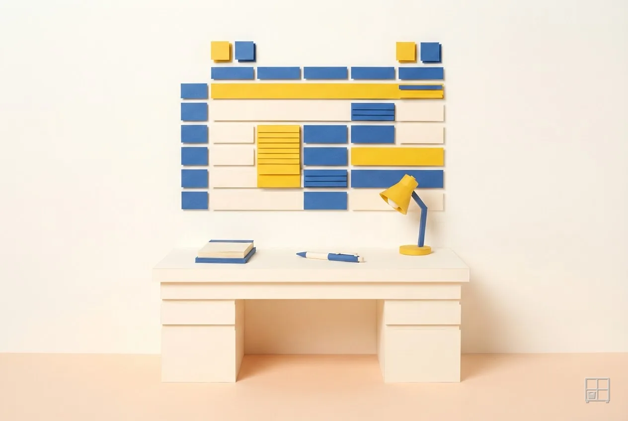 Cut-paper collage of a wall of blue and yellow schedule strips laid out in rows above a desk with a yellow lamp