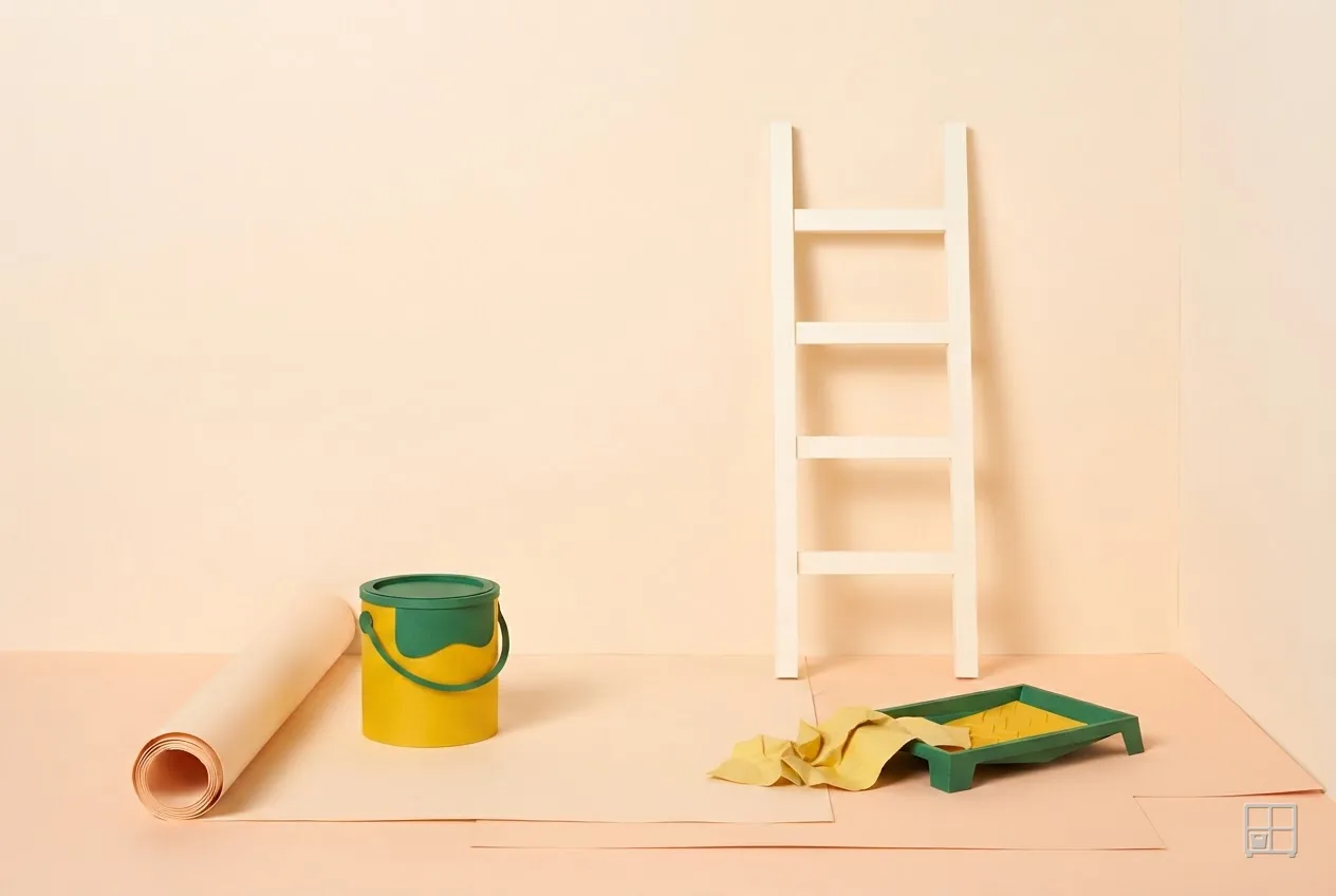 Cut-paper collage of a stepladder, a paint bucket, a roller tray and an unrolled sheet of paper on a bare floor