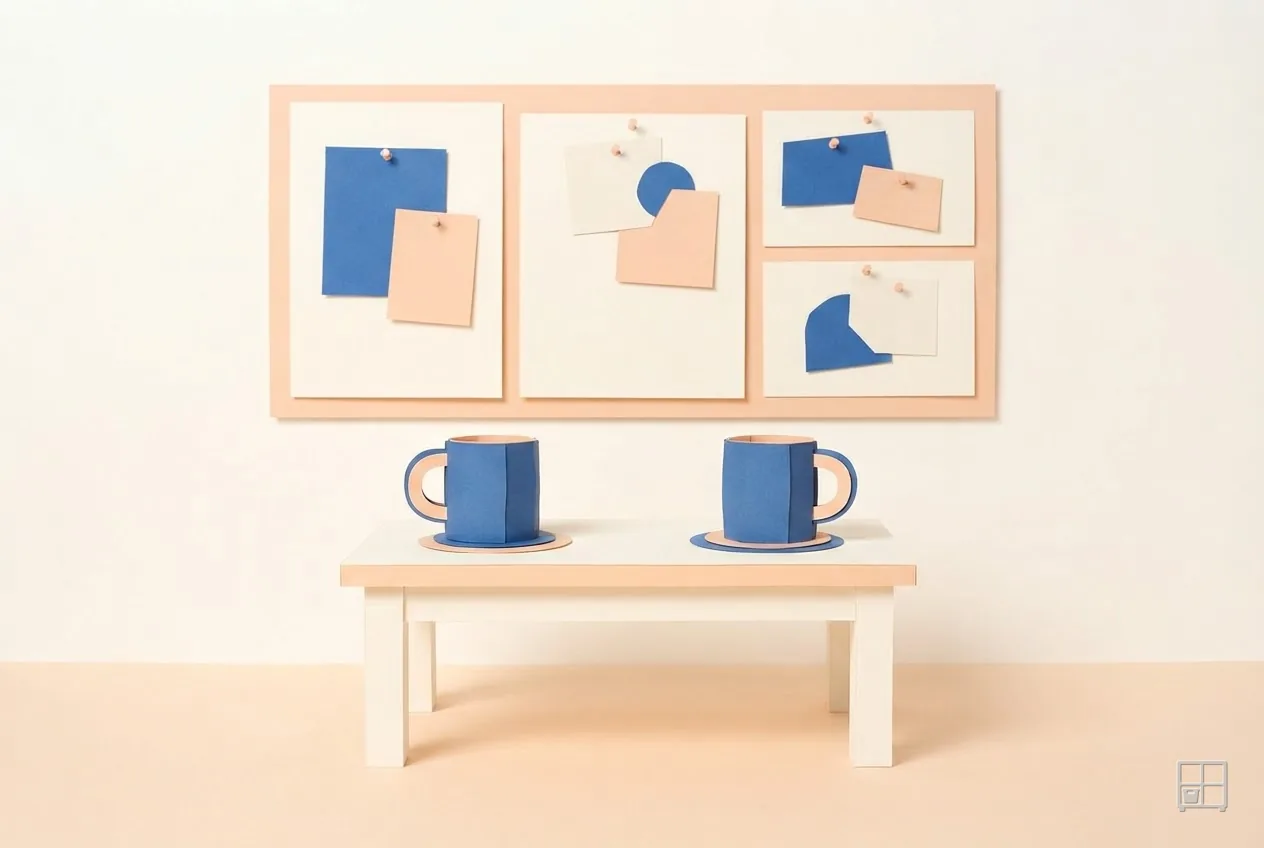 Cut-paper collage of a noticeboard of pinned blank cards above a table holding two blue cups