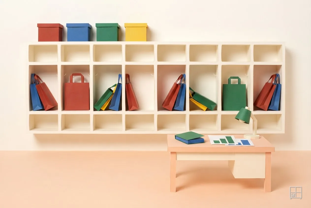 Cut-paper collage of a cubby wall of bags and folders above a small desk with a lamp, a book and a colour chart